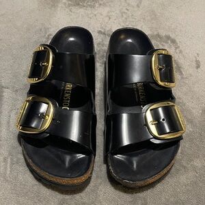 Birkenstock Black Patent Double Buckle Sandals with Gold Buckles